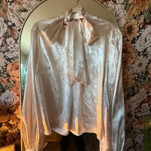 Elegant Cream Floral Blouse with Bow Tie